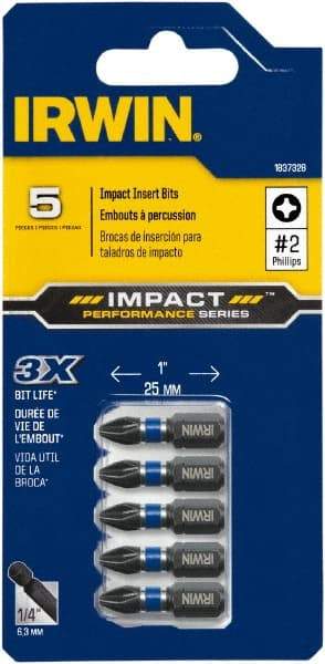 Irwin - #2, Insert Phillips Screwdriver Bit - 1/4" Drive, 1" OAL - Eagle Tool & Supply