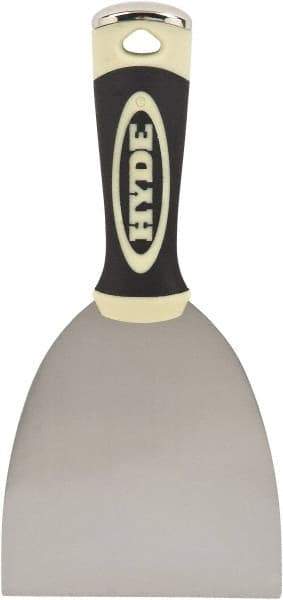Hyde Tools - 4" Wide Chisel Edge Blade Carbon Steel Putty Knife - Flexible, Ergosoft Plastic Overmold Handle, 8-1/2" OAL - Eagle Tool & Supply