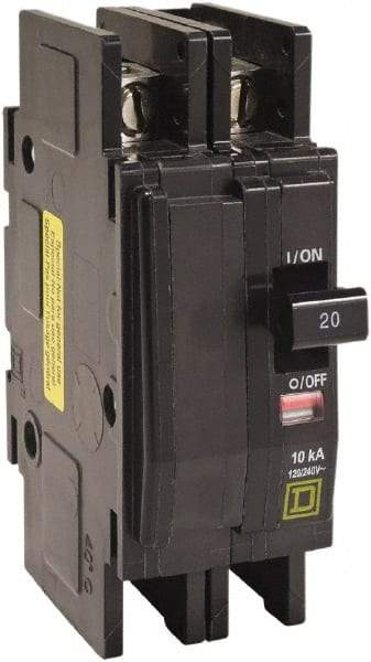 Square D - 25 Amp, 120/240 VAC, 2 Pole, DIN Rail Mounted, Flush Mount, Surface Mount Miniature Circuit Breaker - Thermal Magnetic Trip, 10 kA at 120/240 VAC Breaking Capacity, 14-2 (Aluminum), 14-2 (Copper) AWG, 74mm Deep x 103mm High x 19mm Wide - Eagle Tool & Supply