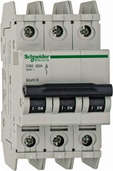 Schneider Electric - 20 Amp, 125 VDC, 240 VAC, 60 VDC, 3 Pole, DIN Rail Mount, Fixed Mount Miniature Circuit Breaker - Thermal Magnetic Trip, Multiple Breaking Capacity Ratings, 73mm Deep x 107mm High x 54mm Wide - Eagle Tool & Supply
