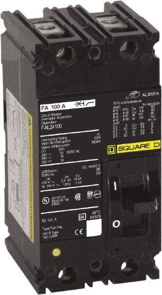 Square D - 100 Amp, 240 VAC, 2 Pole, Panel Mount Molded Case Circuit Breaker - Thermal Magnetic Trip, 10 kA at 240 VAC Breaking Capacity, 12-1/0 (Aluminum), 14-1/0 (Copper) AWG, 4.16 Inch Deep x 6 Inch High x 3 Inch Long - Eagle Tool & Supply