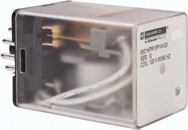 Square D - 11 Pins, 1 hp at 277 Volt & 1/3 hp at 120 Volt, 3 VA Power Rating, Octal Electromechanical Plug-in General Purpose Relay - 10 Amp at 250 VAC, 3PDT, 120 VAC at 50/60 Hz, 34.9mm Wide x 50.3mm High x 35.4mm Deep - Eagle Tool & Supply