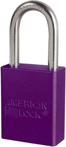 American Lock - Keyed Different Conductive Lockout Padlock - 1-1/2" Shackle Clearance, 1/4" Shackle Diam, 1.8" Body Height x 3/4" Body Width, Purple, 6 Pins - Eagle Tool & Supply