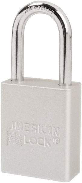 American Lock - Keyed Different Conductive Lockout Padlock - 1-1/2" Shackle Clearance, 1/4" Shackle Diam, 1.8" Body Height x 1-1/2" Body Width, Silver, 6 Pins - Eagle Tool & Supply