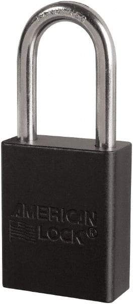 American Lock - Keyed Different Conductive Lockout Padlock - 1-1/2" Shackle Clearance, 1/4" Shackle Diam, 1.8" Body Height x 3/4" Body Width, Black, 6 Pins - Eagle Tool & Supply
