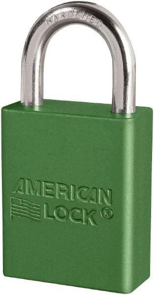 American Lock - Keyed Different Conductive Lockout Padlock - 1" Shackle Clearance, 1/4" Shackle Diam, 1.8" Body Height x 3/4" Body Width, Green, 6 Pins - Eagle Tool & Supply
