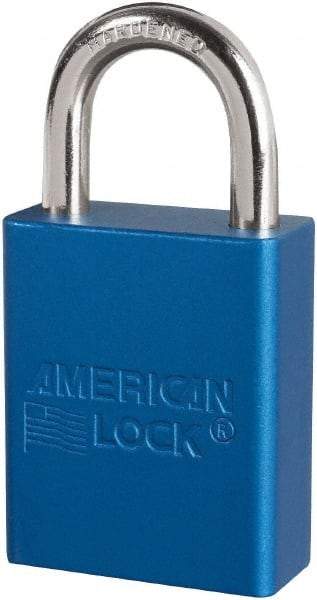 American Lock - Keyed Different Conductive Lockout Padlock - 1" Shackle Clearance, 1/4" Shackle Diam, 1.8" Body Height x 3/4" Body Width, Blue, 6 Pins - Eagle Tool & Supply