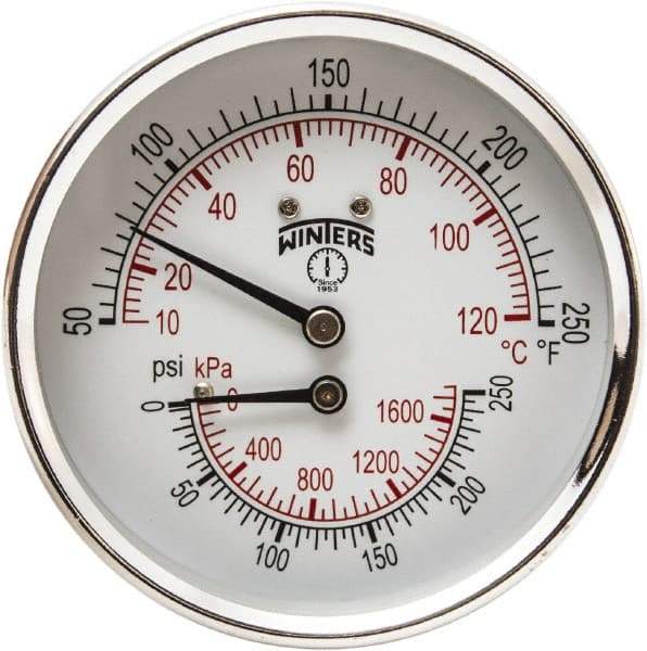 Winters - 3" Dial, 1/2 Thread, 0-250 Scale Range, Pressure Gauge - Center Back Connection Mount, Accurate to 0.03% of Scale - Eagle Tool & Supply