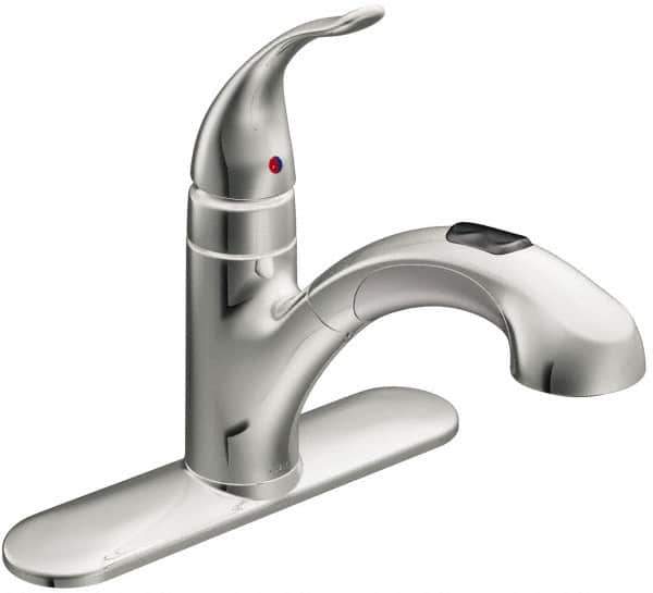 Moen - 3 Hole Mount, Low Arc Commercial Faucet - One Handle, Pull Lever Handle, Pullout Spout, No Drain - Eagle Tool & Supply