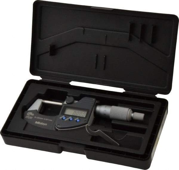 Mitutoyo - 0 to 25 mm Range, 0.001 mm Resolution, Standard Throat, IP65 Electronic Outside Micrometer - 0.001 Inch Accuracy, Ratchet Stop Thimble, Carbide Face, SR44 Battery, Plastic Case, Includes NIST Traceable Certification of Inspection - Eagle Tool & Supply