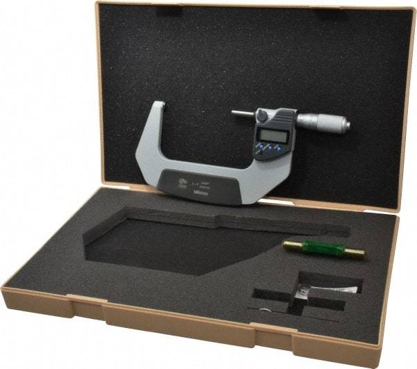 Mitutoyo - 3 to 4 Inch Range, 0.0001 Inch Resolution, Standard Throat, IP65 Electronic Outside Micrometer - 0.0001 Inch Accuracy, Ratchet Friction Thimble, Carbide Face, SR44 Battery, Plastic Case - Eagle Tool & Supply