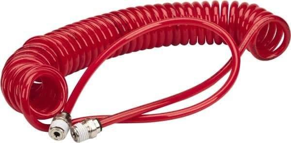 PRO-SOURCE - 0.16 ID, 1/4 Thread, 15' Long, Red Polyurethane Coiled & Self Storing Hose - 125 Max psi, Male Swivel x Male Swivel - Eagle Tool & Supply