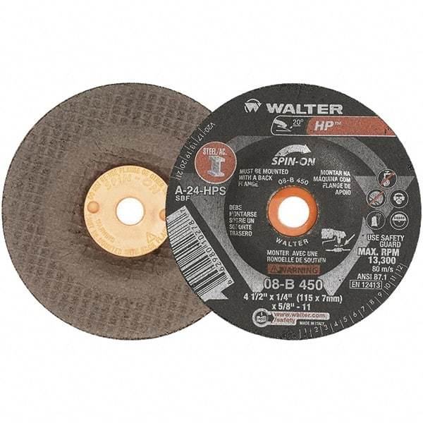 WALTER Surface Technologies - 24 Grit, 7" Wheel Diam, 1/4" Wheel Thickness, Type 27 Depressed Center Wheel - Aluminum Oxide, 8,600 Max RPM - Eagle Tool & Supply