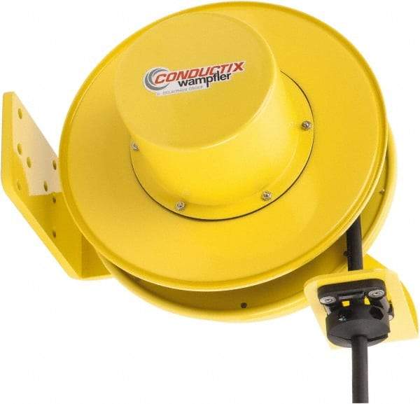 Conductix - 14 AWG, 40' Cable Length, Cord & Cable Reel with Bare End - 4 Outlets, NEMA 5-15R, 12 Amps, SEOW-A Cable, Yellow Reel, Spring Driven Reel - Eagle Tool & Supply