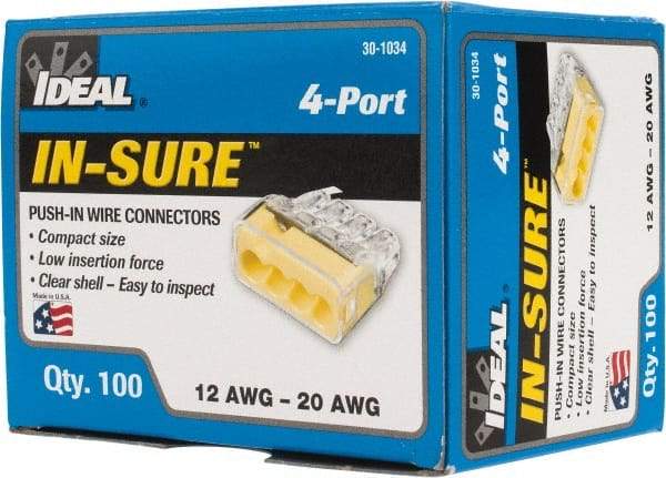 Ideal - 4 Port, 18 to 12 AWG Compatible, Push-In Wire Connector - 0.78" OAL x 0.82" OAW x 0.38" OAH, Yellow - Eagle Tool & Supply