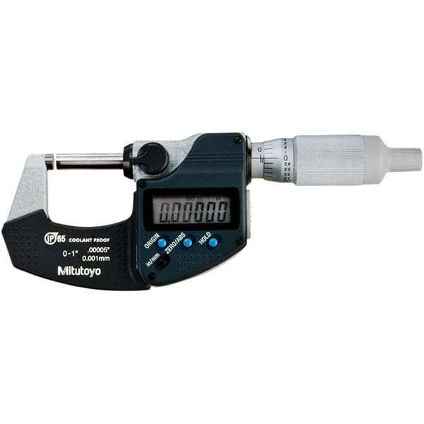 Mitutoyo - 0 to 1" Range, 0.00005" Resolution, Standard Throat IP65 Electronic Outside Micrometer - 0.00005" Accuracy, Ratchet Stop Thimble, Carbide-Tipped Face, SR44 Battery - Eagle Tool & Supply