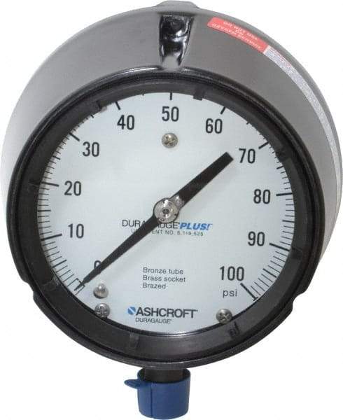 Ashcroft - 4-1/2" Dial, 1/2 Thread, 0-100 Scale Range, Pressure Gauge - Lower Connection, Rear Flange Connection Mount, Accurate to 0.5% of Scale - Eagle Tool & Supply