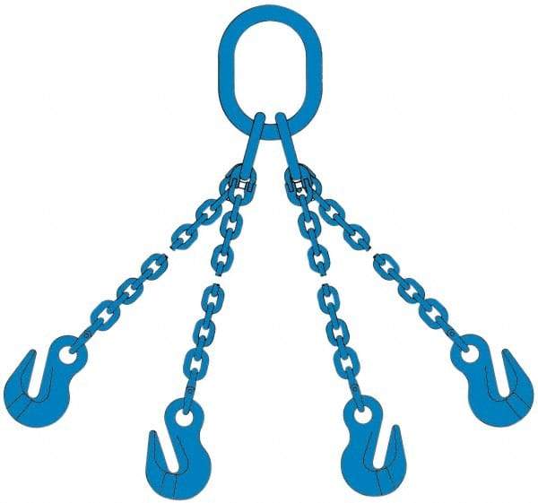Pewag - 5' Long, 27,500 Lb Basket Capacity, 10,600 Lb Vertical Capacity, 4 Ply, Alloy Steel Web Sling - 10,600 Lb Choker Capacity, QOG Chain Sling, 3/8" Diam Chain, Blue, with 4 Grab Hooks & Master Link - Eagle Tool & Supply