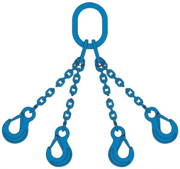 Pewag - 10' Long, 13,500 Lb Basket Capacity, 13,500 Lb Vertical Capacity, 4 Ply, Alloy Steel Web Sling - 4,500 Lb Choker Capacity, QOS Chain Sling, 9/32" Diam Chain, Blue, with 4 Sling Hooks & Master Link - Eagle Tool & Supply