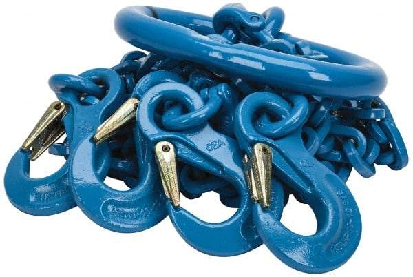 Pewag - 5' Long, 27,500 Lb Basket Capacity, 10,600 Lb Vertical Capacity, 4 Ply, Alloy Steel Web Sling - 10,600 Lb Choker Capacity, QOS Chain Sling, 3/8" Diam Chain, Blue, with 4 Sling Hooks & Master Link - Eagle Tool & Supply