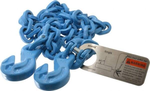 Pewag - 5' Long, 5,200 Lb Basket Capacity, 5,200 Lb Vertical Capacity, 1 Ply, Alloy Steel Web Sling - 4,500 Lb Choker Capacity, SGG Chain Sling, 9/32" Diam Chain, Blue, with 1 Grab Hook on Each End - Eagle Tool & Supply