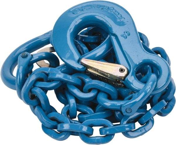 Pewag - 5' Long, 5,200 Lb Basket Capacity, 5,200 Lb Vertical Capacity, 1 Ply, Alloy Steel Web Sling - 4,500 Lb Choker Capacity, SOS Chain Sling, 9/32" Diam Chain, Blue, with Sling Hook & Master Link - Eagle Tool & Supply