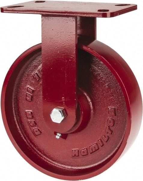 Hamilton - 8" Diam x 2" Wide x 9-3/4" OAH Top Plate Mount Rigid Caster - Cast Iron, 1,500 Lb Capacity, Roller Bearing, 4-1/2 x 6-1/2" Plate - Eagle Tool & Supply