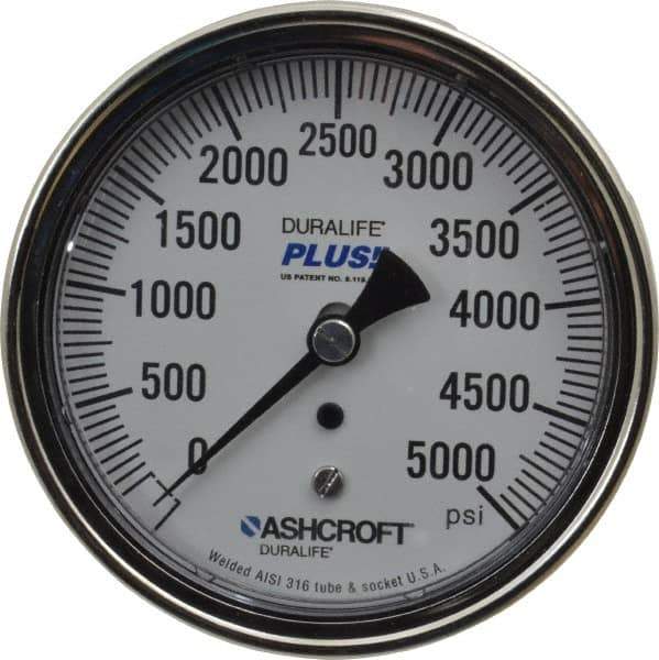Ashcroft - 3-1/2" Dial, 1/4 Thread, 0-5,000 Scale Range, Pressure Gauge - Center Back Connection Mount, Accurate to 1% of Scale - Eagle Tool & Supply
