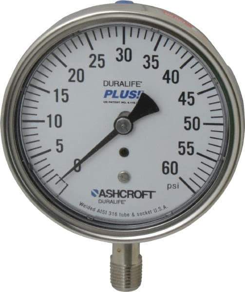 Ashcroft - 3-1/2" Dial, 1/4 Thread, 0-60 Scale Range, Pressure Gauge - Lower Connection Mount, Accurate to 1% of Scale - Eagle Tool & Supply