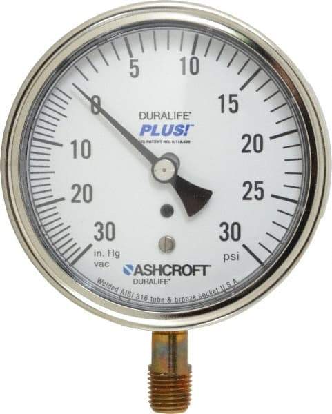 Ashcroft - 3-1/2" Dial, 1/4 Thread, 30-0-30 Scale Range, Pressure Gauge - Lower Connection Mount, Accurate to 1% of Scale - Eagle Tool & Supply