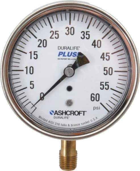 Ashcroft - 3-1/2" Dial, 1/4 Thread, 0-60 Scale Range, Pressure Gauge - Lower Connection Mount, Accurate to 1% of Scale - Eagle Tool & Supply