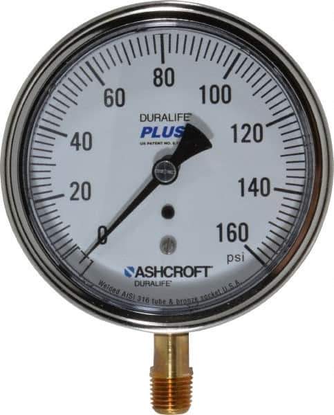 Ashcroft - 3-1/2" Dial, 1/4 Thread, 0-160 Scale Range, Pressure Gauge - Lower Connection Mount, Accurate to 1% of Scale - Eagle Tool & Supply