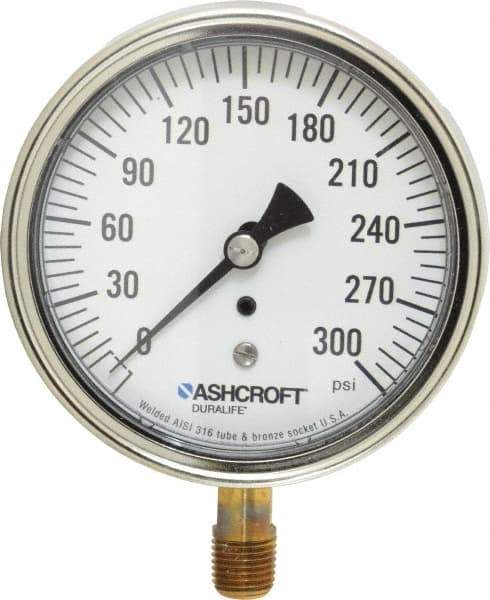 Ashcroft - 3-1/2" Dial, 1/4 Thread, 0-300 Scale Range, Pressure Gauge - Lower Connection Mount, Accurate to 1% of Scale - Eagle Tool & Supply