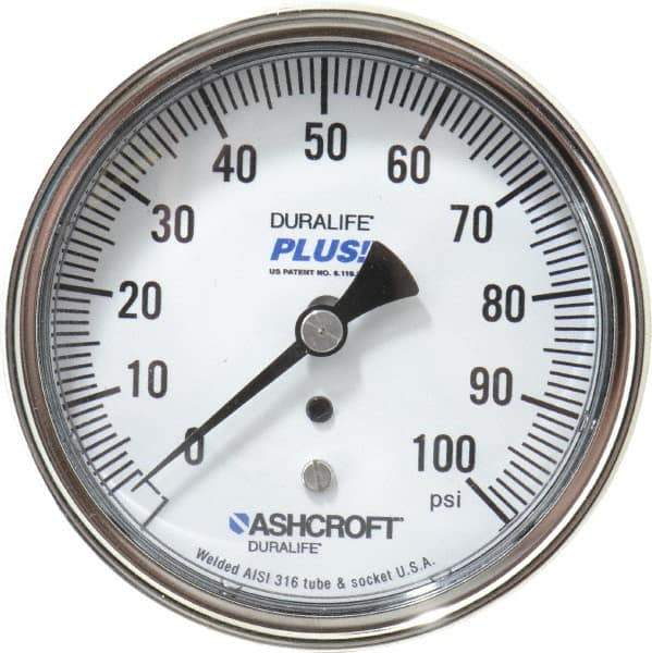 Ashcroft - 3-1/2" Dial, 1/4 Thread, 0-100 Scale Range, Pressure Gauge - Center Back Connection Mount, Accurate to 1% of Scale - Eagle Tool & Supply