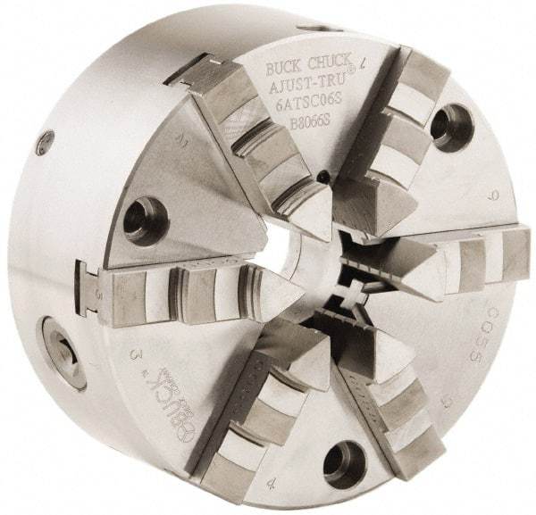 Buck Chuck Company - 6 Jaws, 8" Diam, Self Centering Manual Lathe Chuck - Front Mount, Adjustable, 3,000 Max RPM, 2.37" Through Hole Diam, Forged Steel - Eagle Tool & Supply