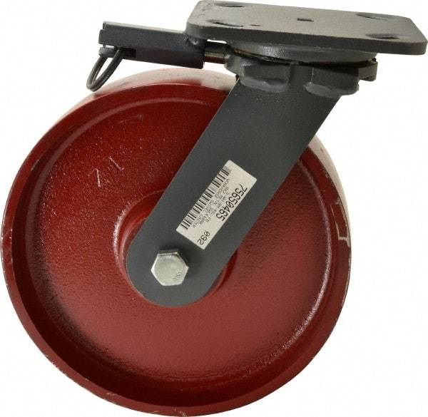 Hamilton - 8" Diam x 2" Wide x 9-1/2" OAH Top Plate Mount Swivel Caster with Brake - Cast Iron, 1,500 Lb Capacity, Roller Bearing, 4 x 5" Plate - Eagle Tool & Supply