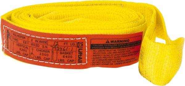 Lift-All - 12' Long x 2" Wide, 3,200 Lb Vertical Capacity, 1 Ply, Polyester Web Sling - 2,500 Lb Choker Capacity, Yellow - Eagle Tool & Supply