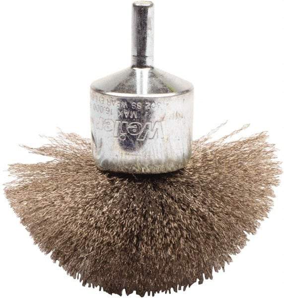 Weiler - 3" Brush Diam, Crimped, Flared End Brush - 1/4" Diam Shank, 16,000 Max RPM - Eagle Tool & Supply