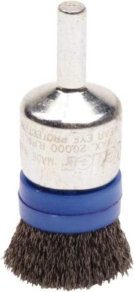 Weiler - 3/4" Brush Diam, Crimped, End Brush - 1/4" Diam Steel Shank, 20,000 Max RPM - Eagle Tool & Supply