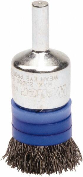 Weiler - 3/4" Brush Diam, Crimped, End Brush - 1/4" Diam Steel Shank, 20,000 Max RPM - Eagle Tool & Supply