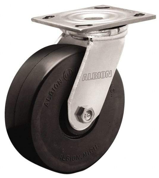 Albion - 4" Diam x 2" Wide x 5-5/8" OAH Top Plate Mount Swivel Caster - Rubber, 350 Lb Capacity, Roller Bearing, 4 x 4-1/2" Plate - Eagle Tool & Supply
