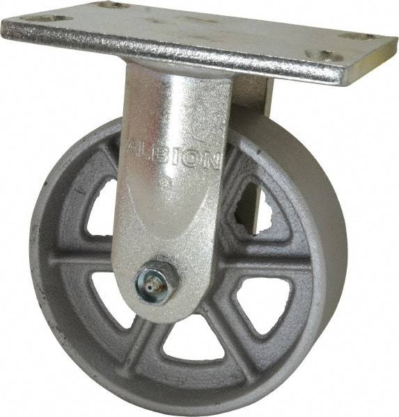 Albion - 6" Diam x 2" Wide x 7-1/2" OAH Top Plate Mount Rigid Caster - Cast Iron, 1,200 Lb Capacity, Roller Bearing, 5 x 6-1/4" Plate - Eagle Tool & Supply