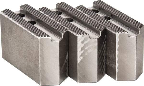 H & R Manufacturing - 1.5mm x 60° Serrated Attachment, Square Soft Lathe Chuck Jaw - 3 Jaws, Steel, 0.787" Btw Mount Hole Ctrs, 3-1/8" Long x 1-1/4" Wide x 2" High, 0.472" Groove, 10mm Fastener - Eagle Tool & Supply