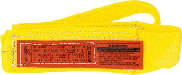 Lift-All - 4' Long x 3" Wide, 4,800 Lb Vertical Capacity, 1 Ply, Polyester Web Sling - 3,800 Lb Choker Capacity, Yellow - Eagle Tool & Supply
