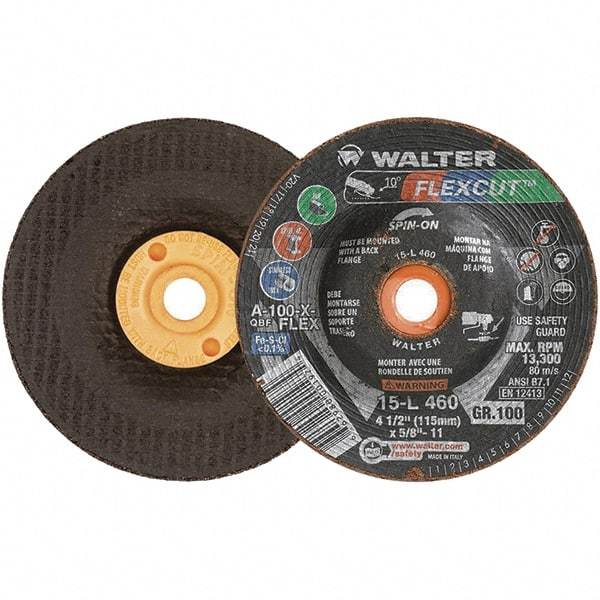 WALTER Surface Technologies - 4-1/2" Diam x 5/8" Hole, 100 Grit Surface Grinding Wheel - Aluminum Oxide, Fine Grade, 13,300 Max RPM - Eagle Tool & Supply