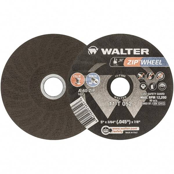 WALTER Surface Technologies - 5" 60 Grit Aluminum Oxide Cutoff Wheel - 3/64" Thick, 7/8" Arbor, 12,200 Max RPM, Use with Angle Grinders - Eagle Tool & Supply