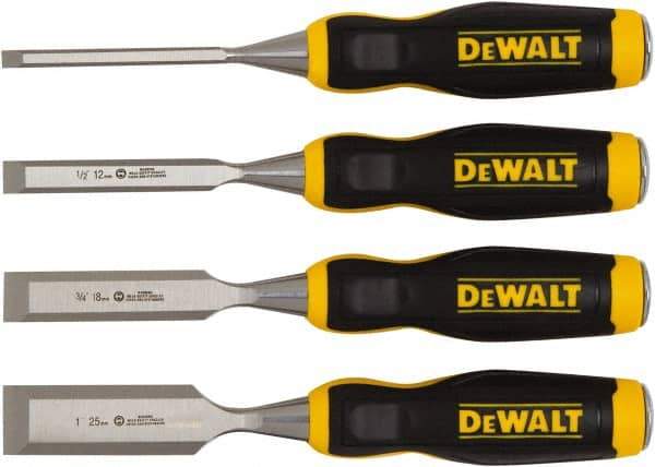 DeWALT - 4 Piece Wood Chisel Set - 11-29/32" OAL, High-impact Polypropylene & Rubber, Sizes Included 1/4 to 1" - Eagle Tool & Supply