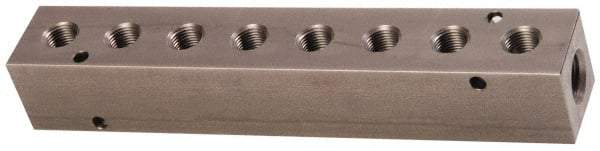 Made in USA - 3/8" Inlet, 1/4" Outlet Manifold - 7.63" Long x 1-1/4" Wide x 1-1/4" High, 0.2" Mount Hole, 2 Inlet Ports, 8 Outlet Ports - Eagle Tool & Supply