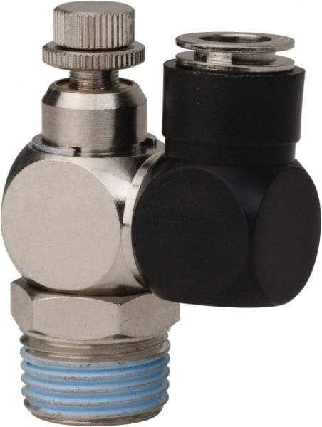Value Collection - 1/2" Male NPT x 3/8" Tube OD Flow Control Offset Inline Valve - 0 to 113.76 psi & Techno Polymer, Brass, Steel Material - Eagle Tool & Supply