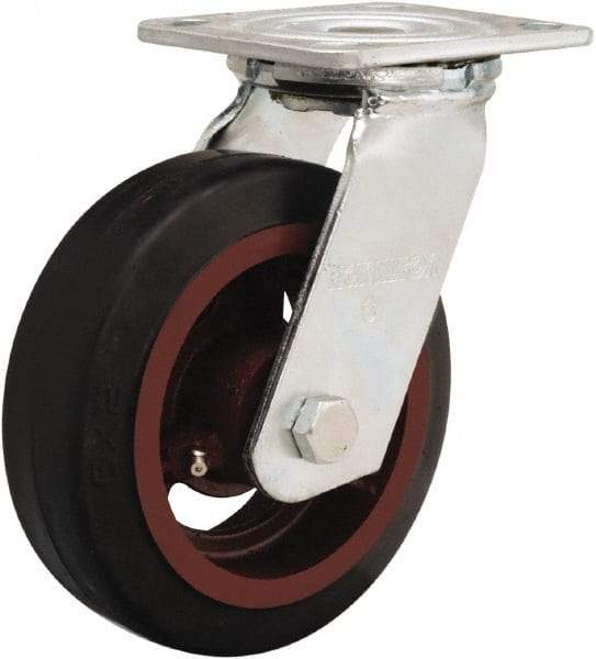 Hamilton - 6" Diam x 2" Wide x 7-1/2" OAH Top Plate Mount Swivel Caster - Rubber Mold on Cast Iron, 410 Lb Capacity, Straight Roller Bearing, 4 x 4-1/2" Plate - Eagle Tool & Supply